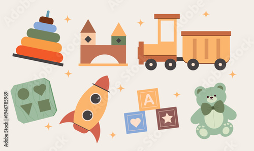 Educational wooden baby toys set with train rocket teddy bear and building blocks