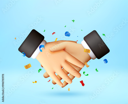 Two handshaking businessman hands with confetti flying around. Partnership deal or successful collaboration symbol. 3d vector illustration for business agreement and celebration. Vector illustration