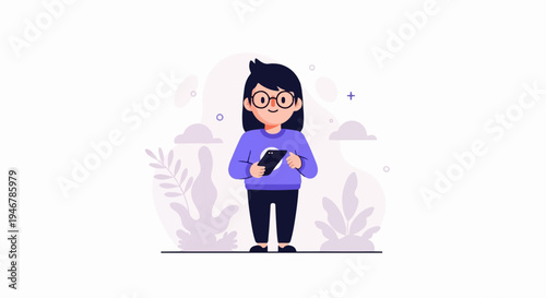 A young person with glasses, wearing a purple sweater, stands holding a mobile phone