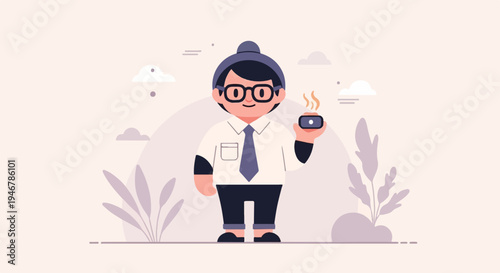A stylized character in a hat and glasses holds a steaming cup of coffee