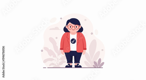 Chubby cartoon person in red jacket, glasses, and dark pants stands against a neutral background