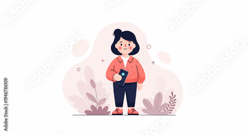 A cartoon woman with dark hair in a bun holds a phone and stands amongst abstract shapes and plants