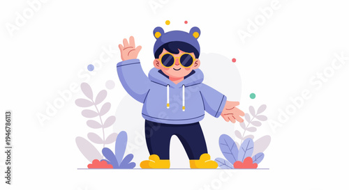 A playful child in a bear hat and sunglasses waves hello amidst cartoon plants