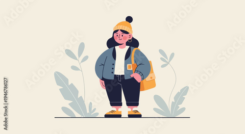 Stylized illustration of a young person in winter attire and a satchel, set against pale foliage