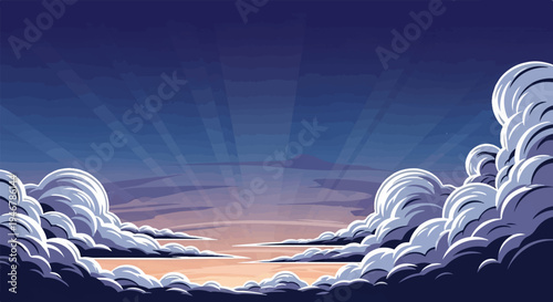 Pixel art sunset sky with dramatic clouds and light rays piercing through