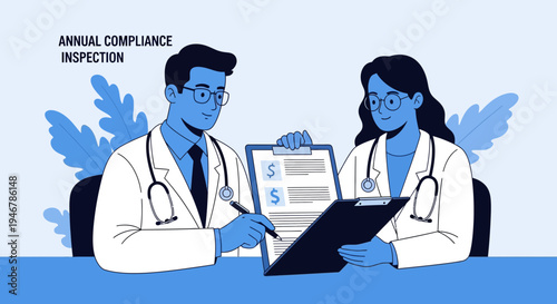 Medical Professionals Collaborating on Annual Compliance Inspection Review and Financial Assessment