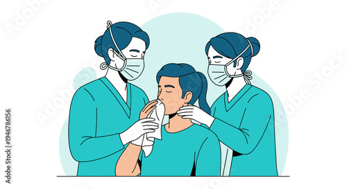 Medical Professionals Assisting Patient Wearing Mask to Prevent Illness Spread