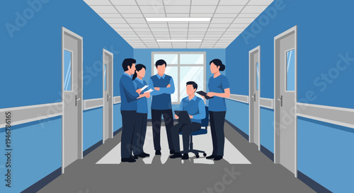 Medical Professionals Collaborating In Hospital Corridor With Modern Design Architecture