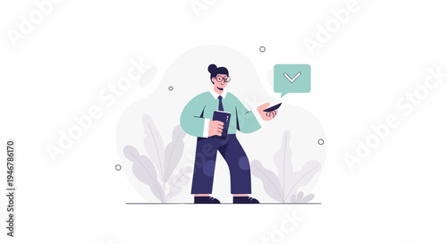 A person holds a phone and a book with a checkmark notification