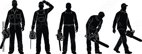 Silhouette illustration of workers using chainsaws in different poses, showing logging, tree cutting, safety postures, and forestry labor in occupational industry concept