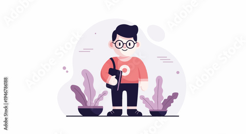 A cheerful, round-faced boy with glasses stands holding a book, flanked by potted plants