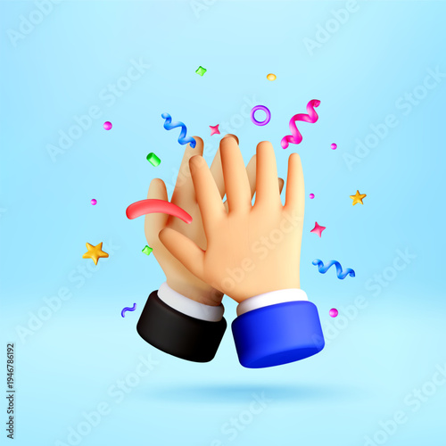 3D Two hands making a high five gesture with colorful confetti. Business professional achievement and teamwork celebration. Successful deal and corporate cooperation. Vector illustration