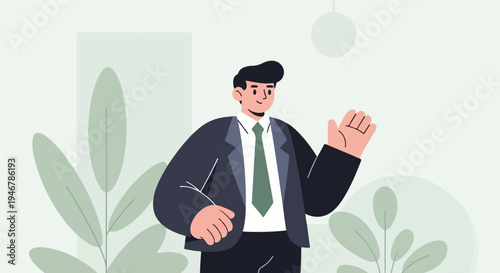 Animated man in dark suit and green tie waves friendly with plants