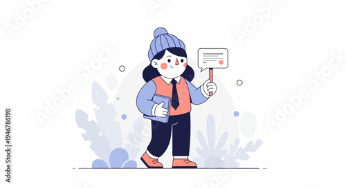 Cheerful person in winter hat holding tablet and speech bubble