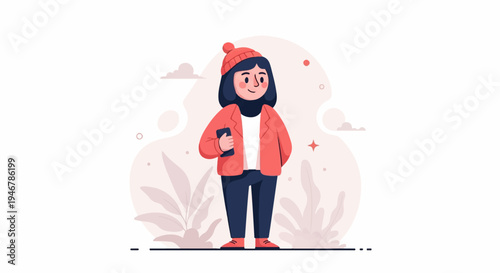 Cartoon illustration of a young person in winter attire holding a smartphone