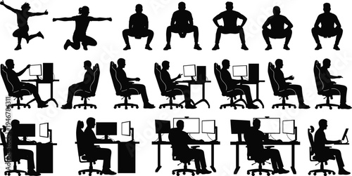Silhouette illustration of people in dynamic poses and office settings, showing physical activity, workplace ergonomics, computer use, and human posture diversity concept