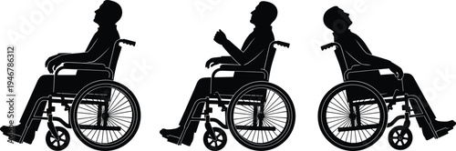 Silhouette illustration of person seated in wheelchair showing different reclining postures, highlighting ergonomic positions, accessibility design, medical therapy, and mobility support