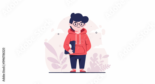A stylized character wearing a red hoodie, glasses, and dark pants holds a book