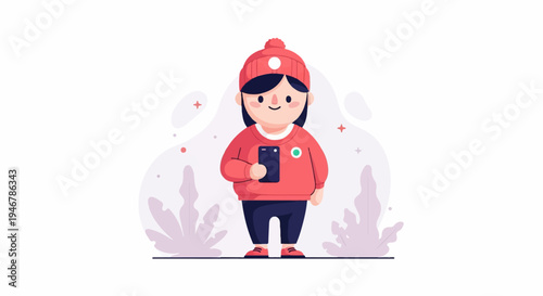 A cartoon child in a red beanie and sweater holds a smartphone, surrounded by abstract plant shapes