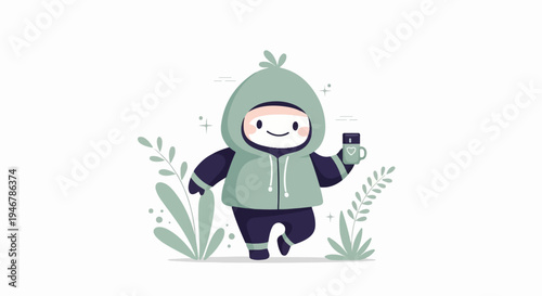 Cute cartoon character in a green hoodie, holding a mug, surrounded by plants