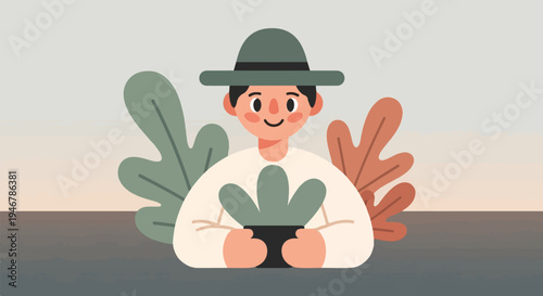 Cheerful person wearing a hat and holding a potted plant, surrounded by leaves