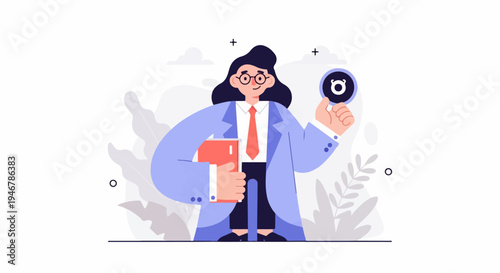 Scientist with magnifying glass and book, surrounded by abstract plant shapes and celestial icons