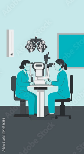 Medical Professionals Conducting Comprehensive Eye Exam Utilizing Specialized Ophthalmic Equipment