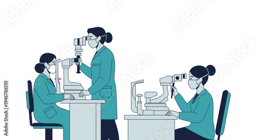 Medical Professionals Conducting Eye Exams Utilizing Modern Diagnostic Equipment And Masked