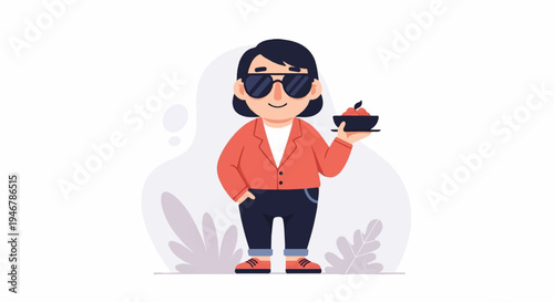 Flat illustration of a person in sunglasses holding a bowl of fruit