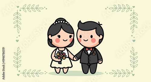 Cute wedding couple holding hands with floral border