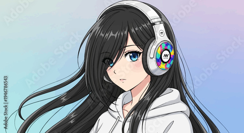 Animated young female with long black hair and blue eyes wearing white headphones and hoodie