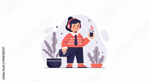 Person with headphones and briefcase holds a small potted plant, surrounded by indoor plants