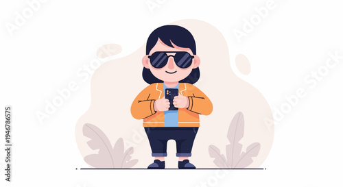 Cartoon person with dark hair and sunglasses holding a smartphone, wearing an orange jacket and blue shirt