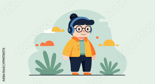 A cheerful, cartoon character wearing headphones and glasses stands outdoors with plants