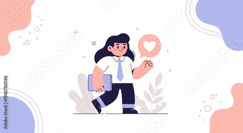 A person with a laptop and a heart symbol in a speech bubble, moving forward
