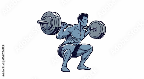 Muscular figure performing a barbell squat with intense focus, embodying strength