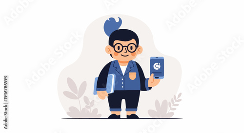 A cartoon character with glasses, a blue jacket, holding a book and phone