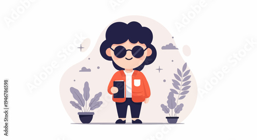 Cute cartoon character with sunglasses and book, surrounded by plants and abstract shapes