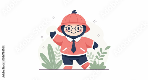 A joyful, stylized character wearing a hat, glasses, and business attire, waving amidst decorative plants and sparkles