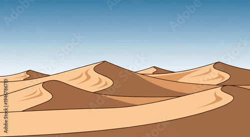 A vast desert landscape with rolling sand dunes under a clear blue sky