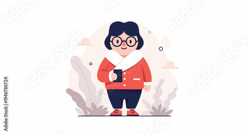 Cute character in casual clothes holding a smartphone, surrounded by abstract plants and clouds