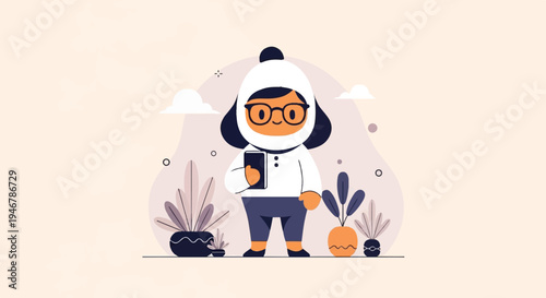 Stylized person in a hat and glasses holds phone amidst potted plants and clouds