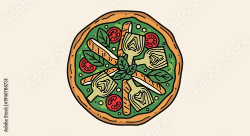 A vibrant illustration of a circular pizza with a green sauce, artichoke slices, tomato rounds, and fresh basil leaves
