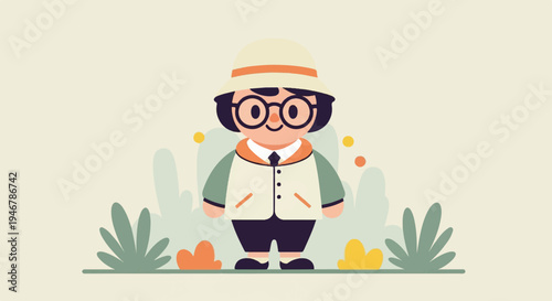A cheerful, cartoon explorer with glasses and a safari hat stands amidst stylized greenery
