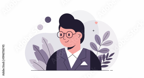Stylized portrait of a smiling person in glasses and suit with floral background