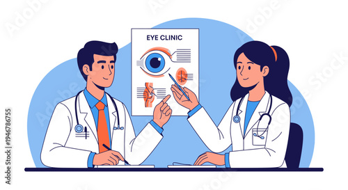 Medical Professionals Discussing Eye Anatomy and Healthcare in an Eye Clinic Illustration