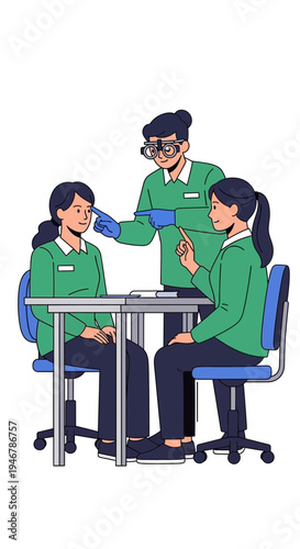 Medical Professionals Collaborating During Eye Exam: An Innovative Healthcare Illustration