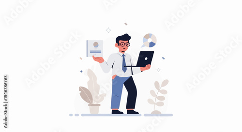 A man in glasses and a suit holds a laptop and a document with a chart, surrounded by plants