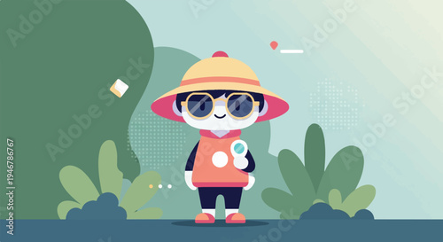 Cheerful cartoon character in explorer hat with sunglasses holding magnifying glass
