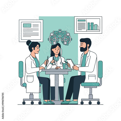 Medical Professionals Collaborating During Eye Exam Consultation, Healthcare Team Discussing Results
